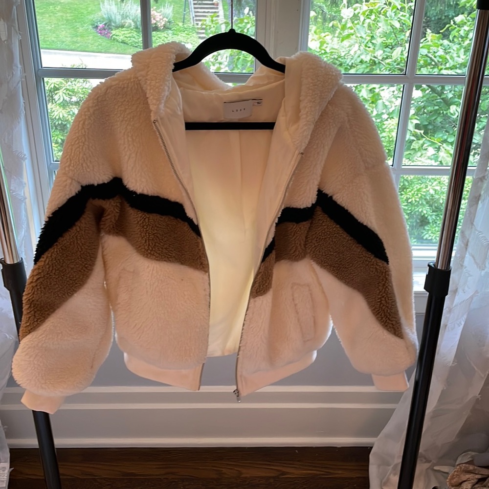 White/Brown Furry Jacket with Zipper